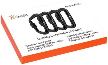 Затискачі для карабінів Favofit із замком, 4 шт. и, 12 кН (1223 кг кожна), міцні карабіни для кемпінгу, походів, активного відпочинку на свіжому повітрі та тренажерного залу тощо, маленькі карабіни, чорні