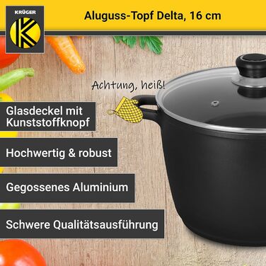 Лита алюмінієва каструля Krger Delta зі скляною кришкою - 16 см - каструля для приготування здорових та нежирних страв - підходить