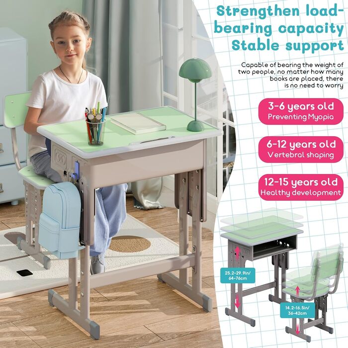 Дитячий комплект столу та стільця, регульований по висоті, для школи та університету, комплект столу та стільця з шухлядою для зберігання речей, ергономічний комплект стільців для роботи з гачком для рюкзака, підходить для дітей від