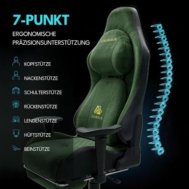 Ігрове крісло, офісне крісло, ергономічне, дихаюче ігрове крісло зі штучної замші, робоче крісло з підставкою для ніг, підголівником та поперековою подушкою, 3D-підлокітники, спинка 90-155, зелене