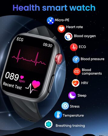 ЕКГ ГАРЯЧИЙ смарт-годинник для чоловіків із серцевим ритмом, кров&39яним тиском 1,97-дюймовий AMOLED сенсорний чорний годинник для здоров&39я з монітором сну, крокоміром, функцією телефону, спортивним годинником, фітнес-годинником, iOS, Android