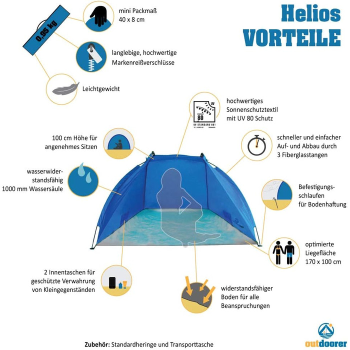 Пляжний намет Helios для активного відпочинку - дорожній пляжний намет, захист від ультрафіолету 80, міні-розмір, пляжний намет, захист від сонця та вітру, синій