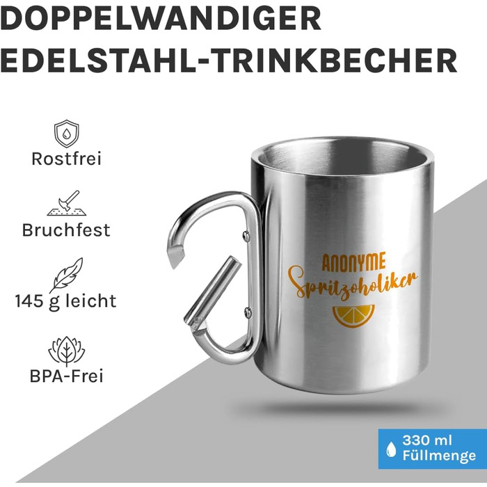 Чашка для пиття з нержавіючої сталі з карабіном Ідея подарунка 330 мл Чашка Для кемпінгу Ключки Срібний