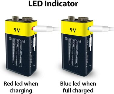 Літієві акумуляторні батареї типу C 9 В, 1,5 В, літій-іонні акумуляторні батареї USB 9 В, 650 мАг із зарядним кабелем типу C, швидка зарядка за 2 години (2 шт.) (9 В). 2-9 В