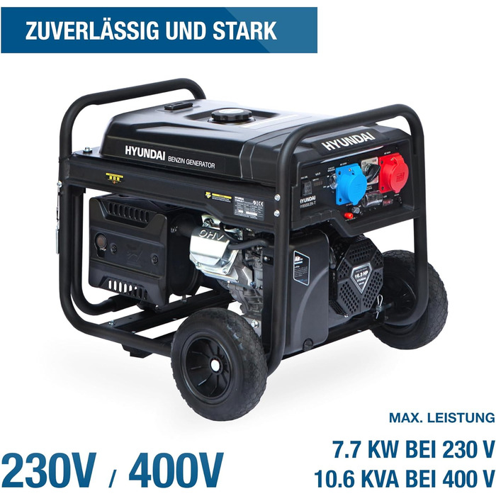 Бензиновий генератор HYUNDAI HY8500LEK-T, генератор 230 В та 400 В, максимальна потужність 10,3 кВА, двигун 16,3 к.с., електричний запуск, генератор для будівельного майданчика, аварійний генератор живлення