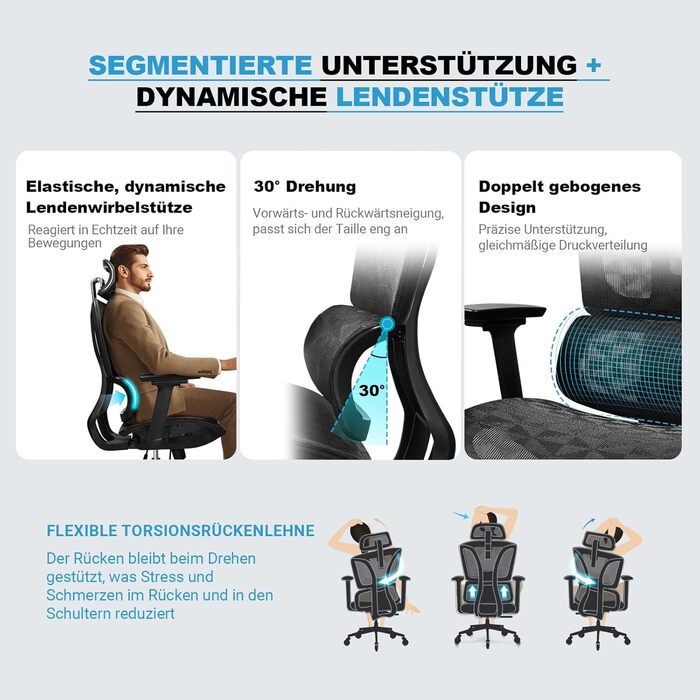 Ергономічне офісне крісло, 4D підлокітники, регульована глибина сидіння, 4 рівні нахилу, гумові ролики, вантажопідйомність 150 кг, сітчасте сидіння, висока спинка