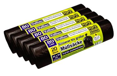 Літрові сміттєві пакети - Розміри 65 x 85 см - 20 пакетів у рулоні - стійкі до розривів, міцні та гнучкі - Упаковка з 5 рулонів (100 пакетів), 80-