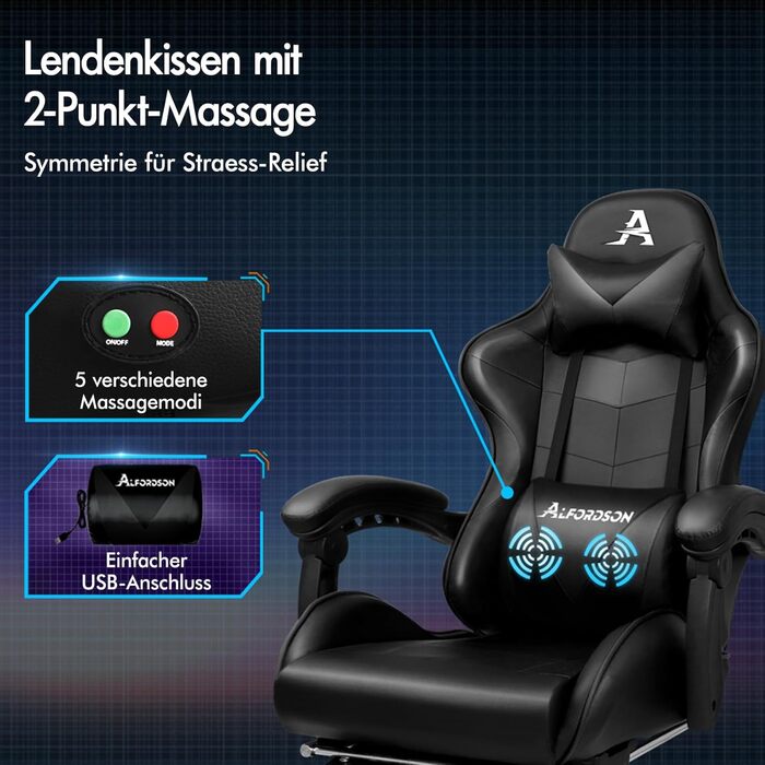 Крісло для відеоігор ALFORDSON, ергономічне офісне крісло, масажне гоночне крісло, висувна підставка для ніг, шкіра штучна, регулювання висоти та нахилу, вантажопідйомність 180 кг, чорний колір Vogler - чорний
