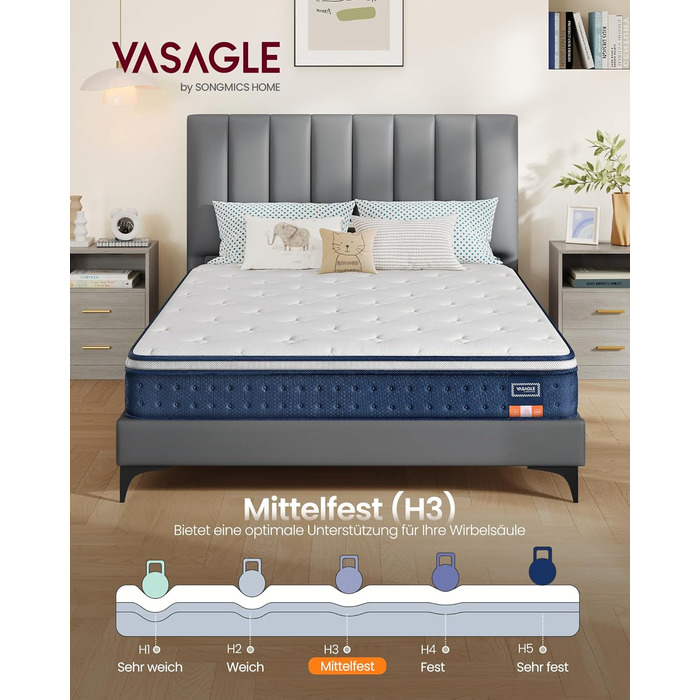 Матрац VASAGLE, 140 x 200 x 20 см, пружинний матрац з гелевої піни з ефектом пам&39яті, середньої жорсткості, H3, 7-зонна підтримка, ізоляція руху, дихаючий чохол, синій RMZ214QZ02 140 x 200 см 20 см
