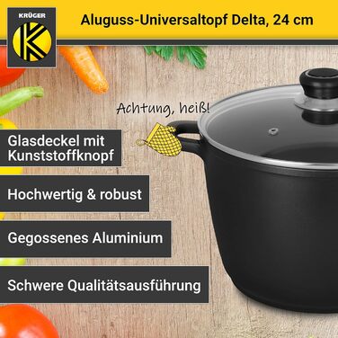 Лита алюмінієва універсальна каструля Krger Delta зі скляною кришкою - 24 см - каструля для приготування здорових та нежирних стра