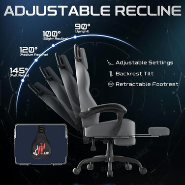 Ергономічне ігрове крісло Verdego з функцією масажу, підголівником та підставкою для ніг, штучна шкіра, регульована спинка 90-145, регульована висота 10 см, ігрове крісло, сіро-чорна штучна шкіра