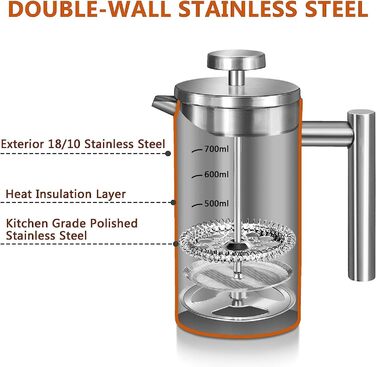 Кавоварка Wrobic French Press, френч-прес з нержавіючої сталі 21 унція з 3-рівневою системою фільтрації, френч-прес з подвійною ізоляцією з 3 фільтрами та 1 металевою ложкою 600 мл срібла