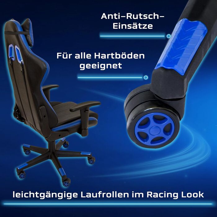 Ігрове крісло NATIV з механізмом гойдання Офісне крісло з регульованою висотою Обертове робоче крісло Підлокітники з регульованою висотою Чорний/Синій До 150 кг Штучна шкіра Захист від гніву 16 кг, чорний/синій