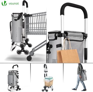 Алюмінієвий візок для покупок зі сходами, 3-в-1, складаний візок-тележка з гачком-тримачем, охолоджувальним відділенням та гаком, 6 коліс, велика місткість, водонепроникний, сірий 60л