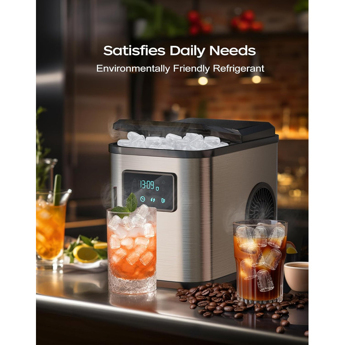 Машина для льоду з нержавіючої сталі KeeGone зі світлодіодним дисплеєм, льодогенератор Льодогенератор і функція очищення, резервуар для води на 2 л, включаючи лопату для льоду та кошик, 2 розміри кубиків льоду для кухні, офісу, бару та вечірки