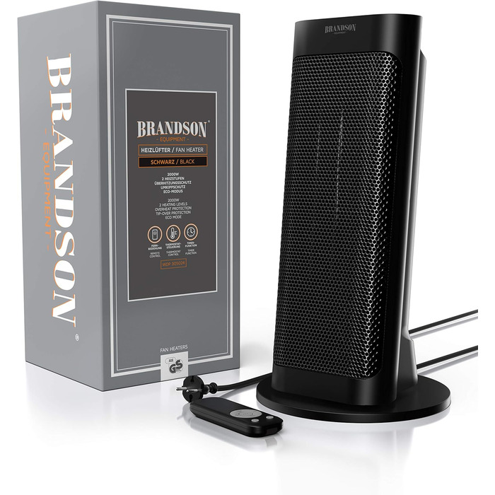 Енергозберігаючий, тихий електричний керамічний обігрівач - Електричний обігрівач з дистанційним керуванням - Коливання - Захист від перегріву - Термостат - Ванна кімната, спальня, вітальня B Чорний
