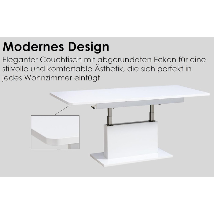 Розсувний журнальний столик designimpex DC-1, регульована висота 126/168 см, білий глянець, сучасний, універсальний стіл для вітальні, обідній стіл, журнальний столик, журнальний столик до дивана, що економить місце, високоякісний журнальний столик для ві