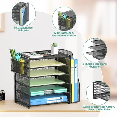 Настільний органайзер OUTWOLF з тримачем для файлів, 6-ярусні лотки для листів з 1 вертикальним відділенням, 1 тримач для ручок, сітчастий настільний органайзер, тримач для журналів та офісного приладдя, зберігання документів, чорний