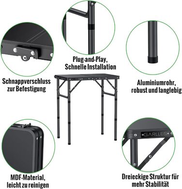 Складаний кемпінговий стіл GARLLEN, 58x40 см та 3 регульовані висоти (26/48/70 см), портативний бічний столик, стіл для барбекю, садовий стіл, стіл для пікніка для кемпінгу, пікніків та використання в саду (чорний) Чорний 58 x 40 x 26/48/70 см