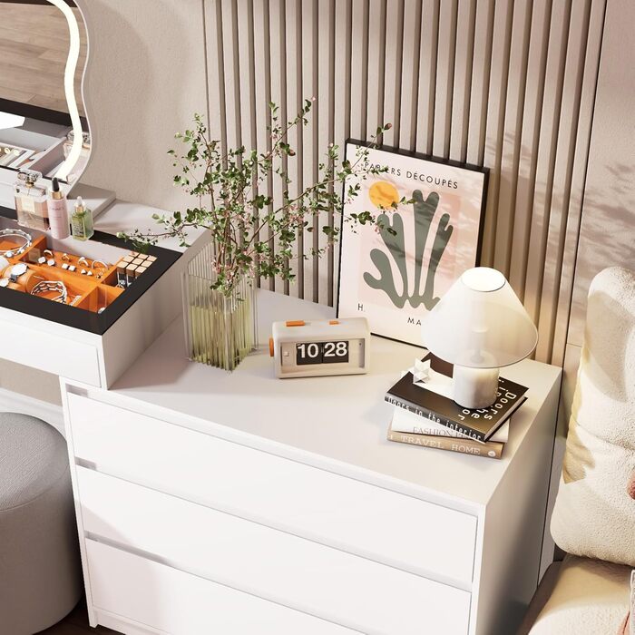 Туалетний столик з регульованим світлодіодним освітленням, туалетний столик з дзеркалом, туалетний столик з 5 шухлядами, кутовий туалетний столик, L-подібний трансформер, кутовий туалетний столик зі скляною стільницею, білий стиль А