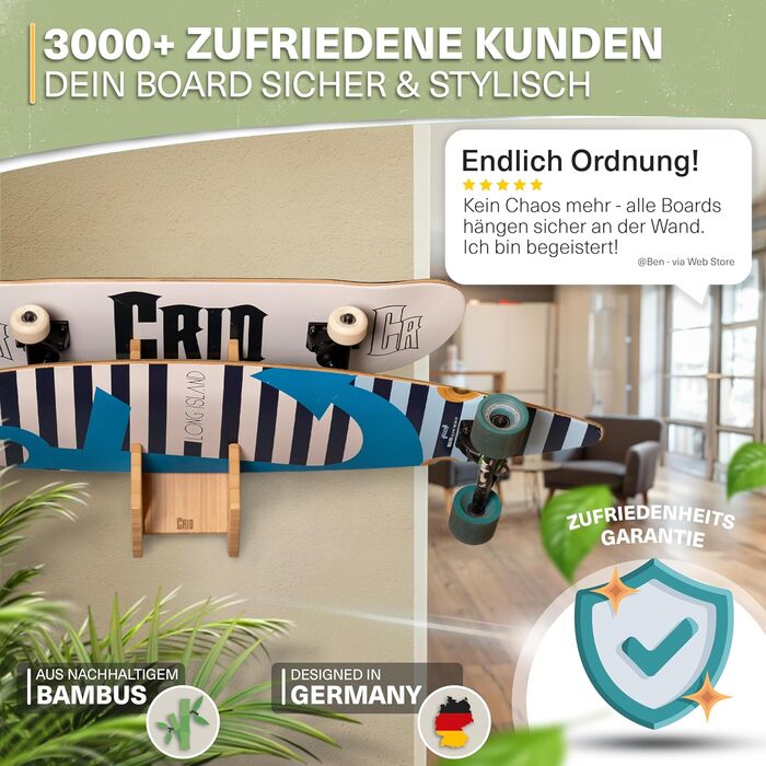 Подвійне настінне кріплення для скейтборду CRID з бамбука - Універсальний тримач для скейтборду, лонгборду, сноуборду, вейкборду, балансборду - в т.ч. безкоштовний комплект для кріплення - сучасний дизайн - німецький бренд