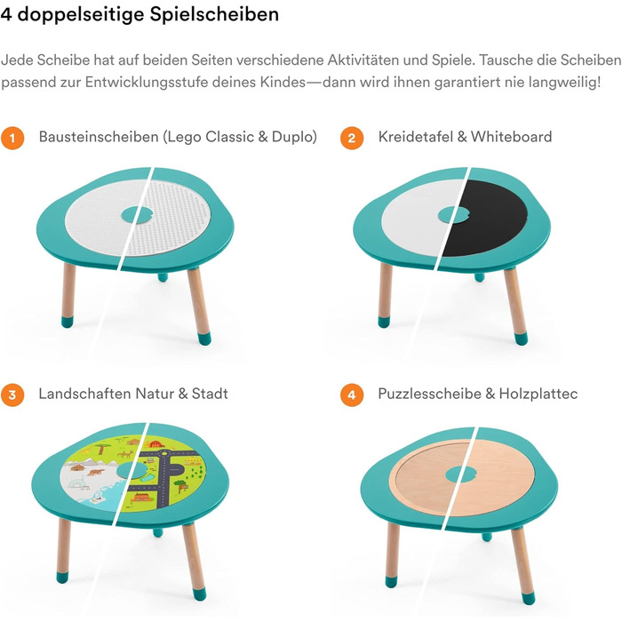 Білий Багатофункціональний дитячий ігровий столик Ніжки з регульованою висотою У комплекті чотири двосторонні ігрові диски, пазл та стільниця з натурального дерева білого кольору