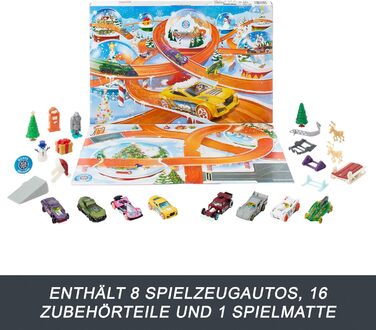 Іграшкові машинки Hot Wheels, календар на 2024 рік, 8 машинок Hot Wheels у масштабі 164, 16 зимових аксесуарів та ігровий килимок