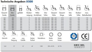 Інвалідне крісло FabaCare D200, легке складне крісло колісне, що легко регулюється, складається, транспортне крісло преміум-класу, ширина сидіння 44 см Ширина сидіння 44 см