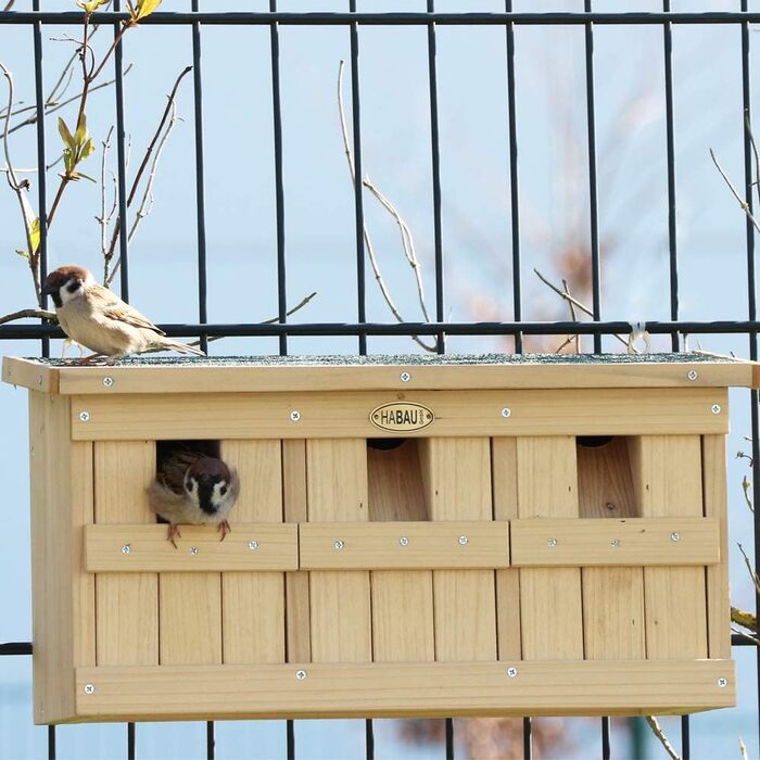 Гніздовий ящик і будиночок для горобця з 3 виводковими камерами, виготовлені з масиву дерева, 45,5 х 17 х 23 см