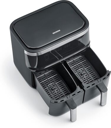 Подвійна фритюрниця SEVERIN з робочим простором 2 x 3.8 л, фритюрниця XXL для здорового приготування, 8 автоматичних програм, фритюрниця без жиру з функцією зневоднення, 2850 Вт, чорний/сріблястий, FR 2453 2 x 3.8 літровий кошик для приготування (паралель