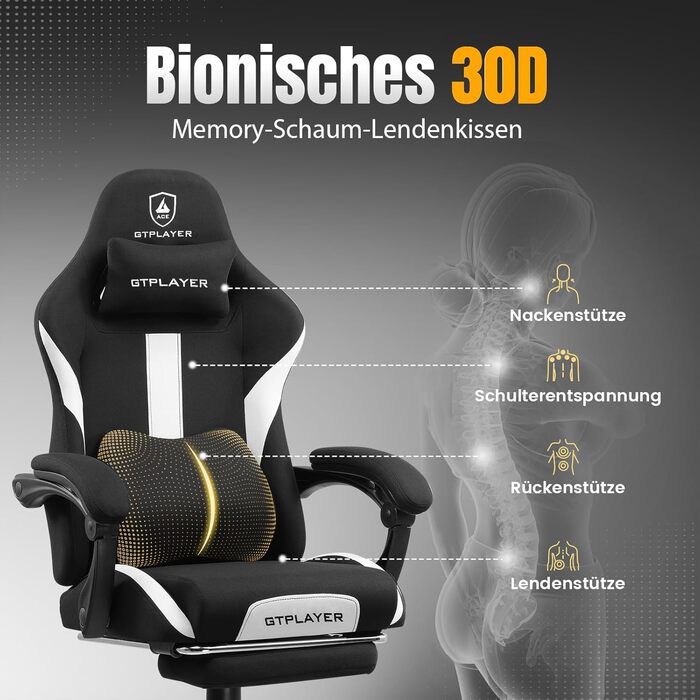 Ігрове крісло GTPLAYER, ігрове крісло, дихаюче офісне крісло з високоякісної тканини, ергономічне крісло для ПК, регульоване та поворотне робоче крісло 150 кг, чорно-біле