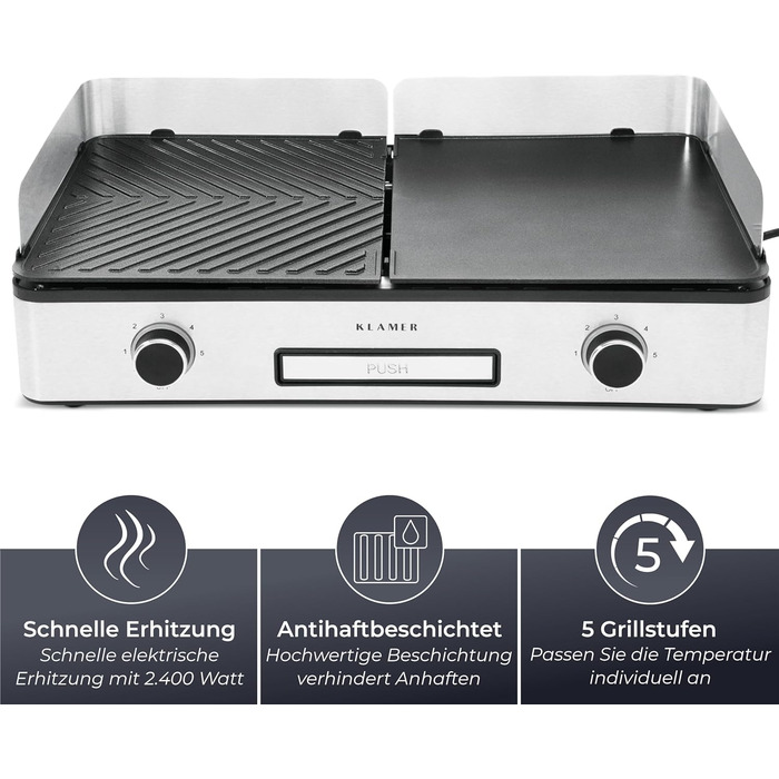 Електричний гриль KLAMER, подвійні пластини з антипригарним покриттям і знімними, роздільне налаштування температури, 5 рівнів гриля, із захистом від вітру/бризок і піддоном для крапель