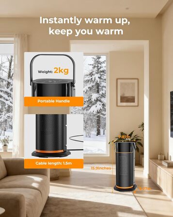 Енергозберігаючий електричний вентилятор-обігрівач - тихий керамічний вентилятор-обігрівач PTC потужністю 2000 Вт, 4-швидкісний нагрів, таймер 9 годин, пульт дистанційного керування, режим ECO, коливання 70, захист від перегріву та перекидання, чорний