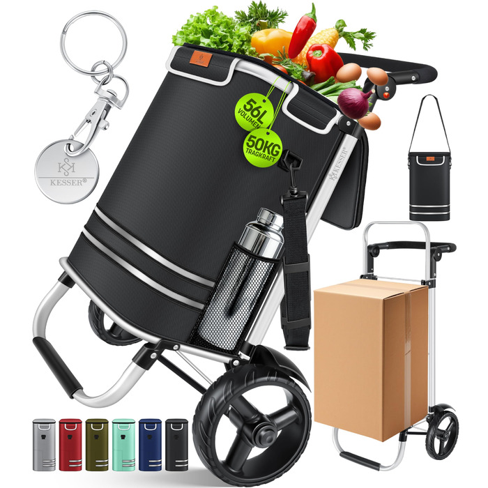 Складний візок для покупок 56л, витримує до 50кг 3-в-1 Візок-сумка, візок для перевезення та сумка через плече Складний візок з термосумкою та тримачем для ключів Чорний, для подолання сходинок