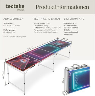 Стіл для пивного понгу tectake з декорацією для вечірки, світлодіодним освітленням, стіл з регульованою висотою, розкладний стіл, комплект з аксесуарами, стіл для пивного понгу, 100 пластикових стаканчиків, 6 м&39ячів та карткова гра з напоями BeerWars I