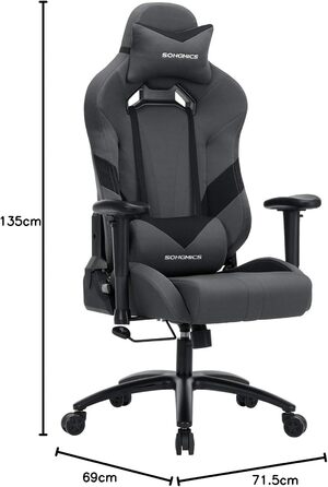 Офісне крісло Songmics, ігрове крісло, ергономічне крісло керівника з регульованими підлокітниками, підголівником та поперековою подушкою, 66 x 72 x 124-132 см, сіро-чорне, RCG13G, сірий чорний