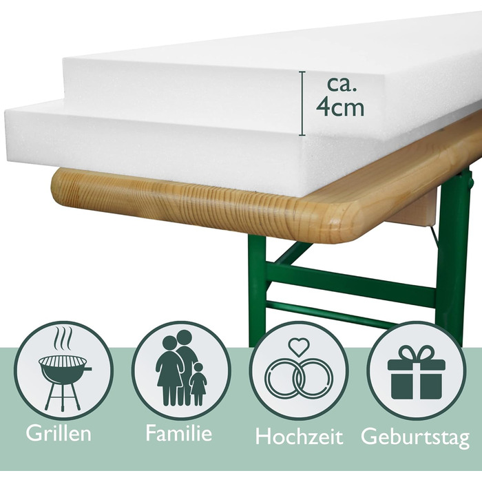 Комплект з 2 подушок для пивної лавки 4x25x220см Поролонова подушка для чохлів 4см Зручна, товста подушка для пивного намету Set & Marquee Set - Вулична подушка для сидіння для пивної лавки 220см х 25см х 4см