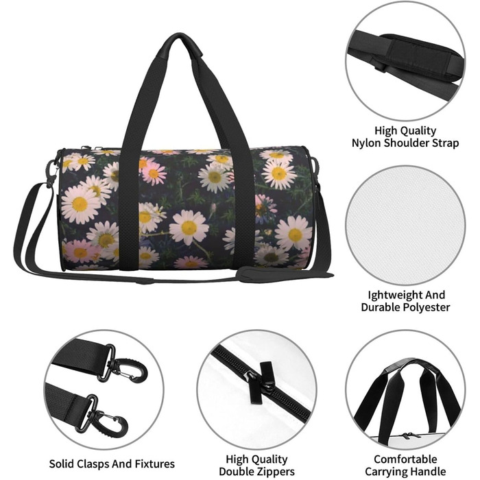 Спортивна сумка, дорожня сумка, стильна сумка для подорожей з квітковим принтом (ромашки), чорна, універсальний розмір