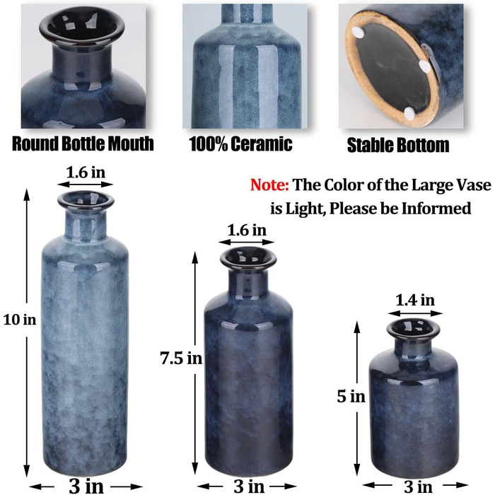 Набір синіх керамічних ваз - 3 сині маленькі вази, сільські вази, прикраси для дому, прикраси для вітальні, прикраси для столу, прикраси для каміна та прикраси для входу Hp-11