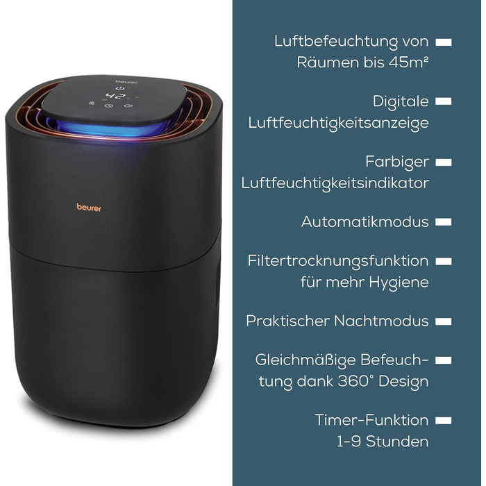Зволожувач повітря Beurer LB 300 Plus з енергоефективною технологією холодного випаровування, кольоровим індикатором вологості, фу