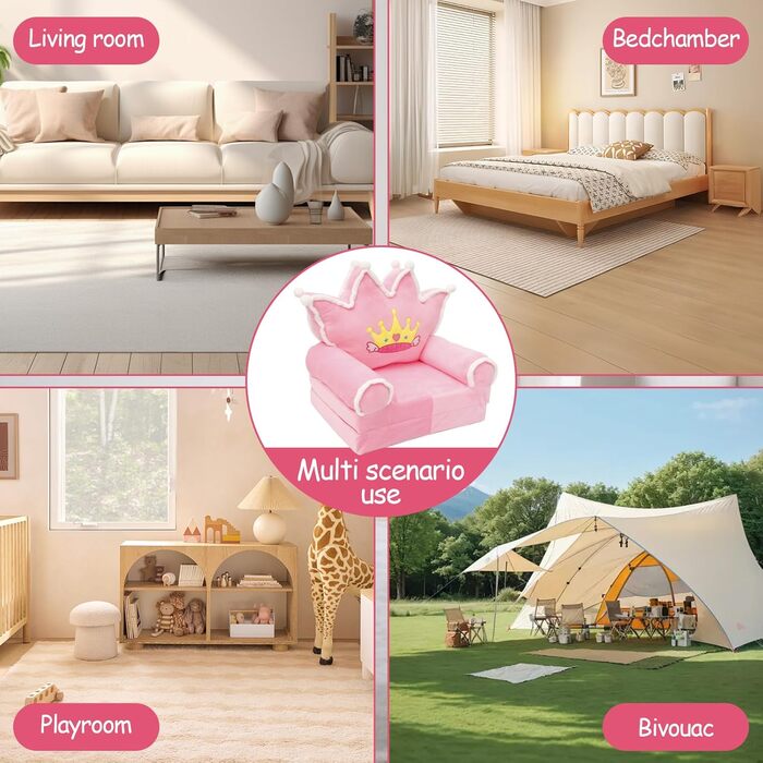 Дитяче крісло, зручний дитячий диван-ліжко, розкладний диванчик для малюків, легке дитяче крісло-шезлонг, портативний диванчик для дітей віком від 1 до 4 років (рожева хутряна корона з кульок)