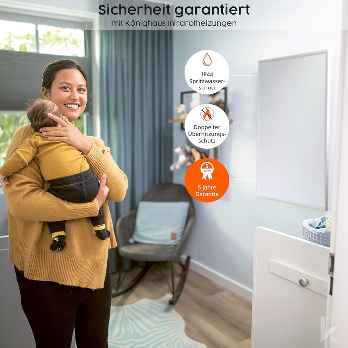 Інфрачервоний обігрівач Knighaus - 130 Вт із сертифікацією TV SD 5-річна гарантія виробника Подвійний захист від перегріву Для настінного монтажу Включає розумний термостат та застосунок
