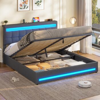 М&39яке ліжко 160x200 см із зарядною станцією та світлодіодним освітленням, каркас двоспального ліжка з місцем для зберігання, узголів&39ям та рейковою основою, плаваючий візуальний ефект, сучасний лляний каркас ліжка, матрац не входить до комплекту, темн
