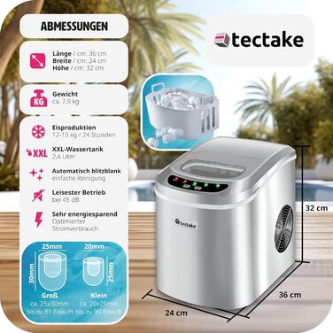 Машина для виробництва кубиків льоду tectake, 12-15 кг за 24 години, льодогенератор, 9 кубиків льоду за 5-13 хвилин, льодогенератор з резервуаром для води на 2,4 літра, льодогенератор, включаючи совок для льоду та відро для льоду, 2 розміри кубиків - сріб