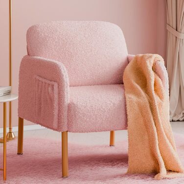 Крісло Mondeer, одномісний диван з бічною кишенею та металевими ніжками, зручна тканина зі штучної овчини, сучасний, для вітальні, спальні, кабінету, 63 x 75 x 75 см, рожевий.