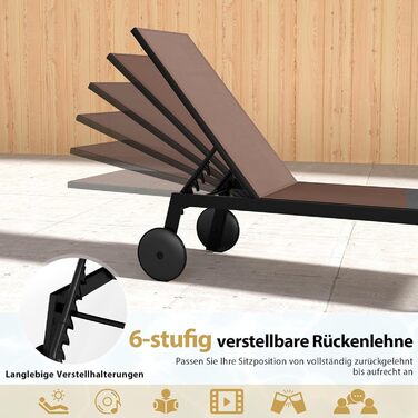 Комплект із 2 предметів Шезлонг на колесах, Садовий шезлонг з регульованою спинкою та швидковисихаючою тканиною, Шезлонг на колесах витримує до 150 кг, Шезлонг для саду, балкону, тераси (коричневий) 2 коричневих