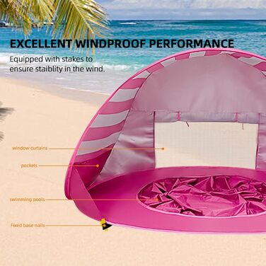 Дитячий пляжний намет, дитячий пляжний намет із захистом від ультрафіолету 50, дитячий пляжний намет з міні-басейном, портативний пляжний намет для дітей, пляжний, кемпінговий, садовий з сумкою для перенесення, рожевий