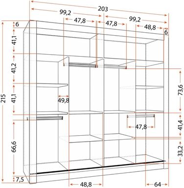 Шафа з дзеркалом - Шафа з розсувними дверима - Шафа для спальні - 64 x 203 x 215 см - Шафа для вітальні - Вішалка для одягу, Шафа з двома дверима, Сучасна 200 см Чорного кольору