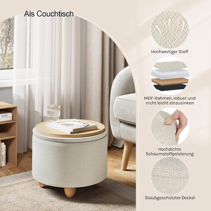 Табурет WOLTU з місцем для зберігання речей, круглий м&39який пуф для ніг, журнальний столик з ніжками з масиву дерева, пуф для ніг з кришкою, лляний чохол, Ø39x33 см, кремово-білий