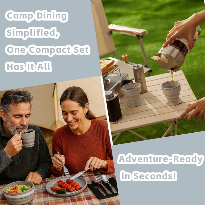 Складаний похідний набір посуду на 6 осіб з нержавіючої сталі (ніж, ложка, виделка), чашка, миска, тарілка та сітчастий мішок ідеально підходить для подорожей, кемпінгу, пікніків та активного відпочинку.